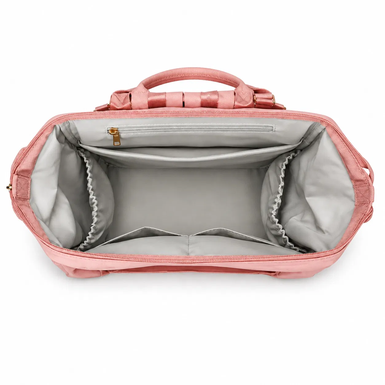 Custom Pink Diaper Backpack with Three Bottle Pockets and Wide Zipper Opening