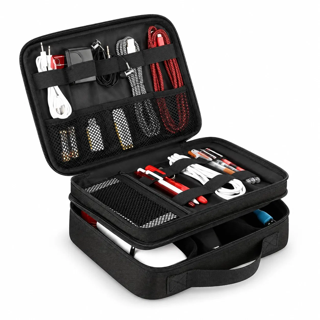 Custom Polyester Double Layer Electronics Cable Organizer Bag with Dividers