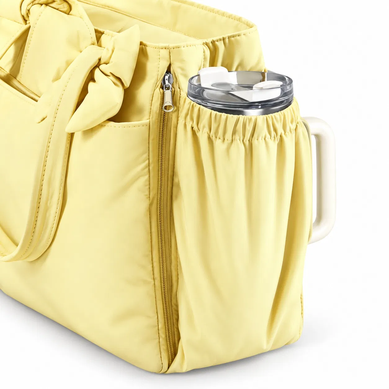 Yellow Nylon Bow Tote Bag with Laptop Sleeve and Zippered Storage