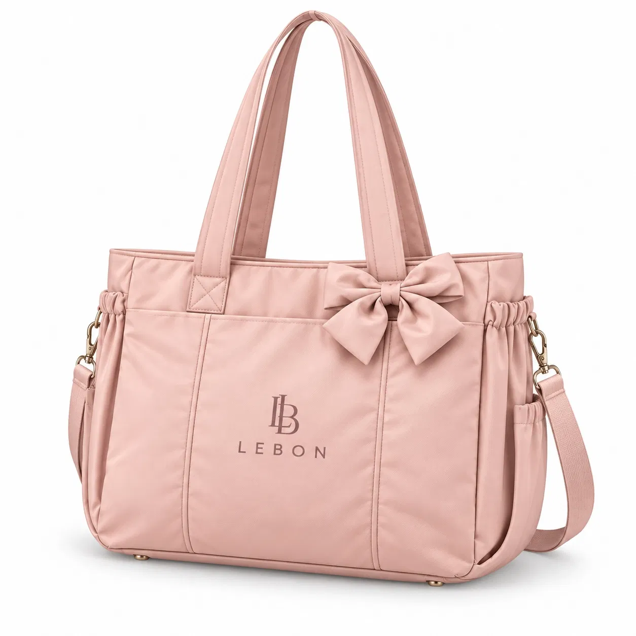 Yellow Nylon Bow Tote Bag with Laptop Sleeve and Zippered Storage
