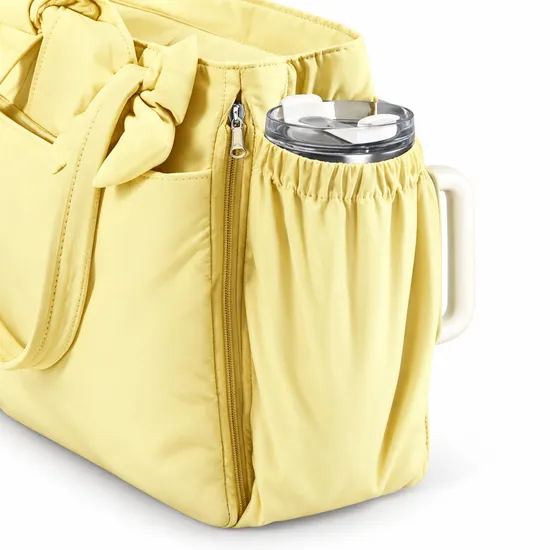 Yellow Nylon Bow Tote Bag with Laptop Sleeve and Zippered Storage