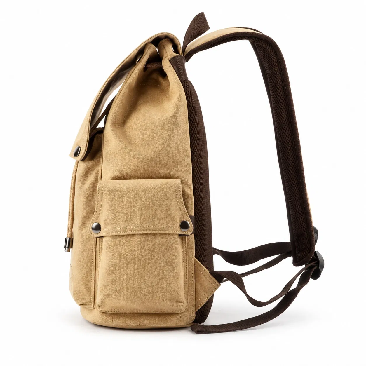 Custom Polyester Flap Drawstring Backpack with Side Pockets and Luggage Strap