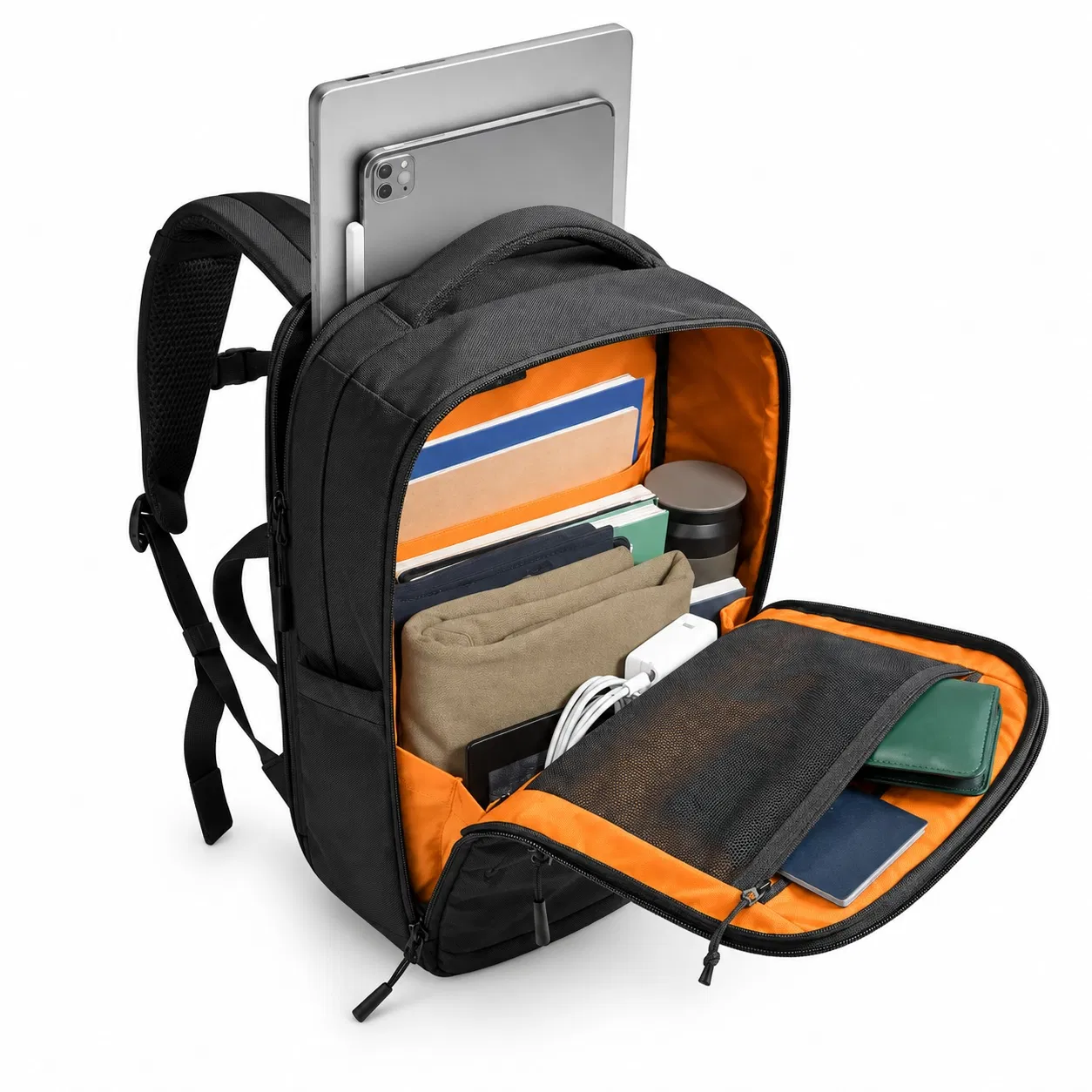 Custom Oxford Laptop Backpack with Orange Organizer Lining and Mesh Back Panel