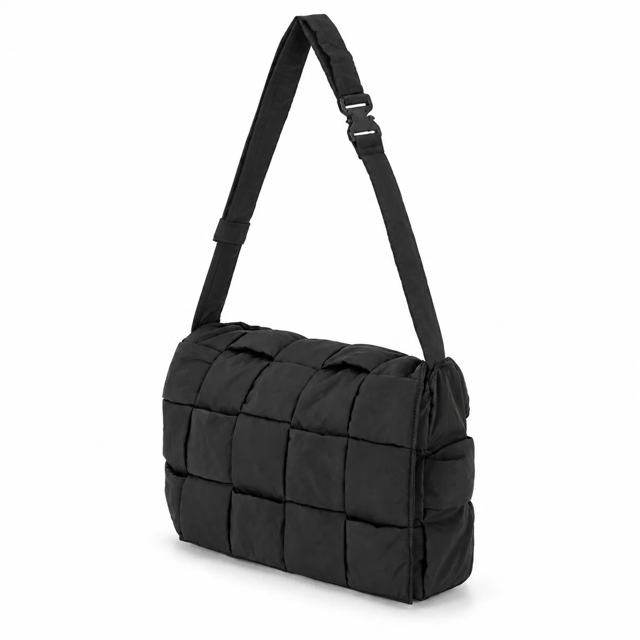 Custom Nylon Woven Panel Shoulder Bag with Flap and Adjustable Buckle Strap