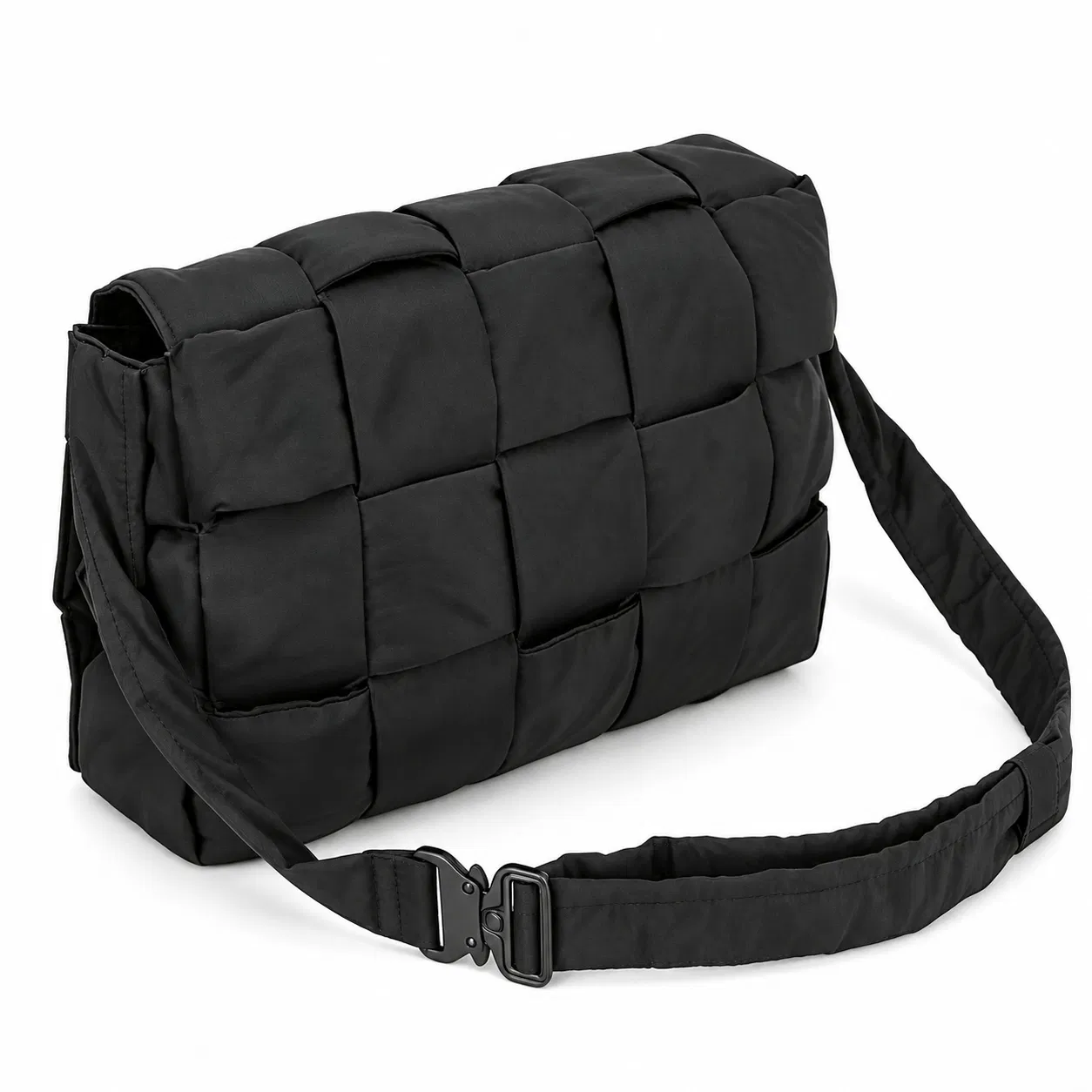 Custom Nylon Woven Panel Shoulder Bag with Flap and Adjustable Buckle Strap