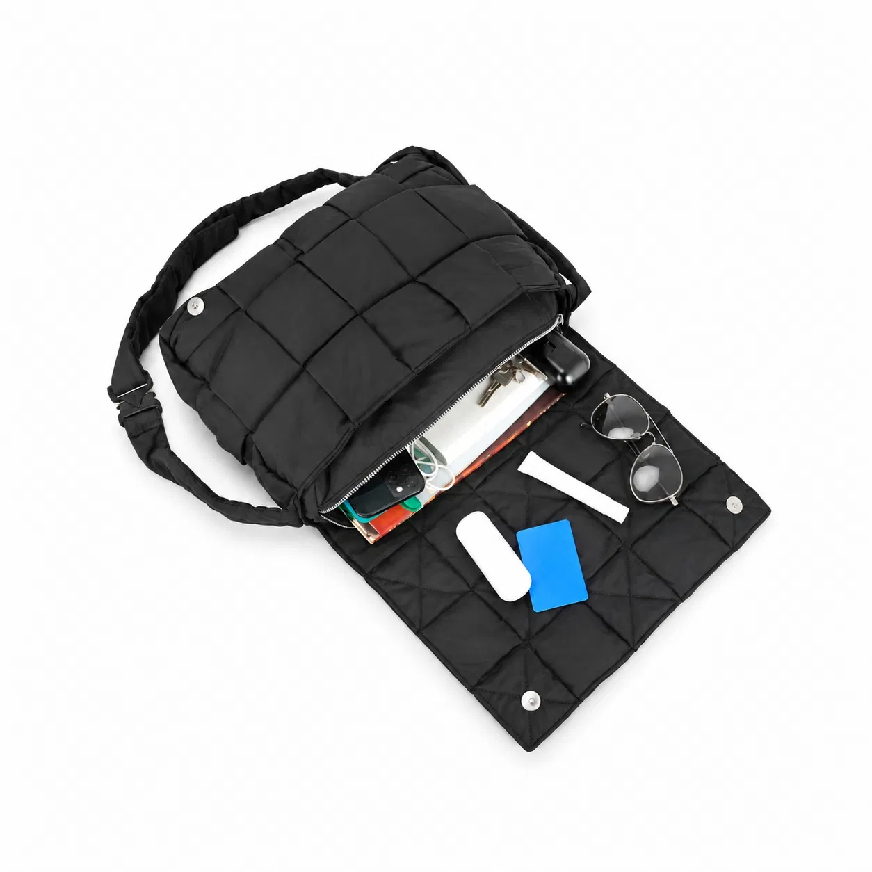 Custom Nylon Woven Panel Shoulder Bag with Flap and Adjustable Buckle Strap