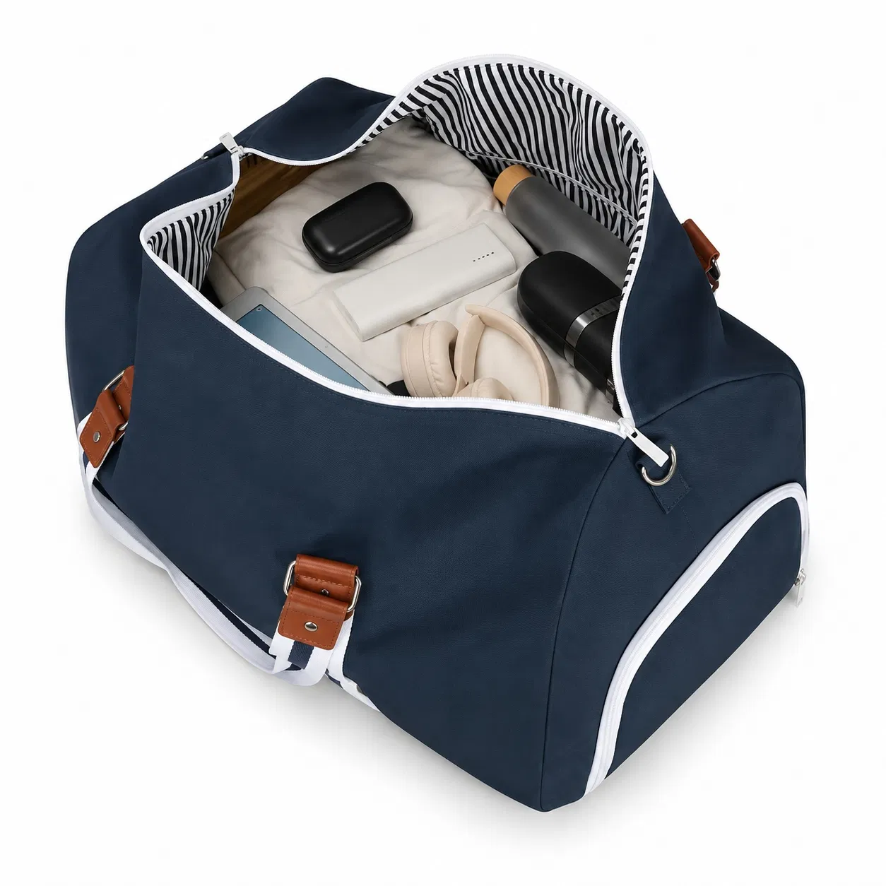Custom Polyester Travel Duffel Bag with Shoe Compartment and Striped Handles