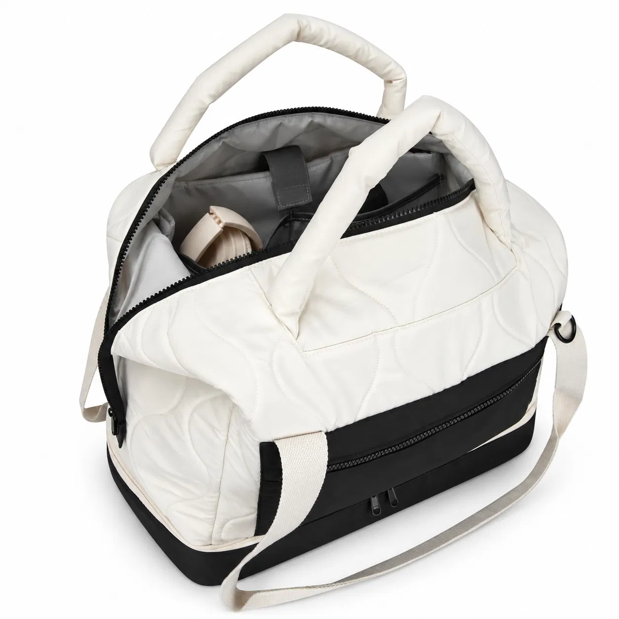 Custom Quilted Polyester Tote Bag with Bottom Shoe Compartment and Strap