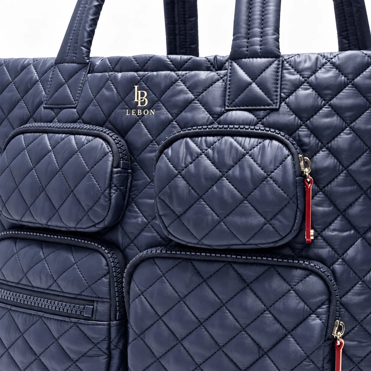 Navy Diamond Quilted Nylon Tote with Four Front Zipper Pockets