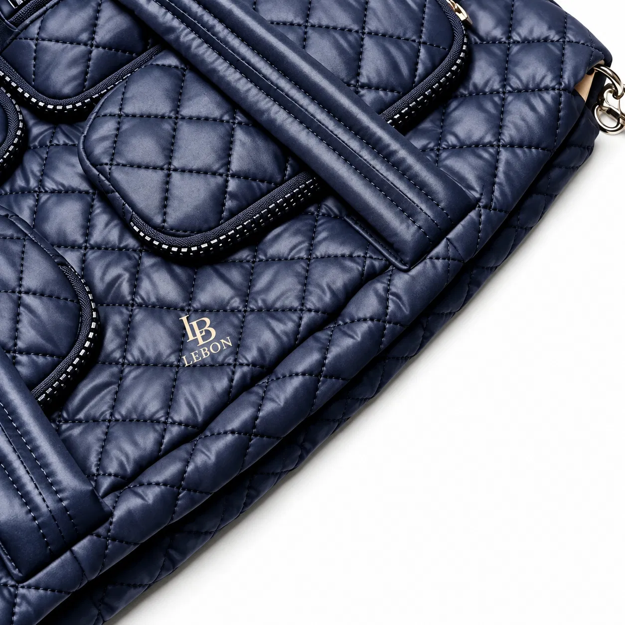 Navy Diamond Quilted Nylon Tote with Four Front Zipper Pockets