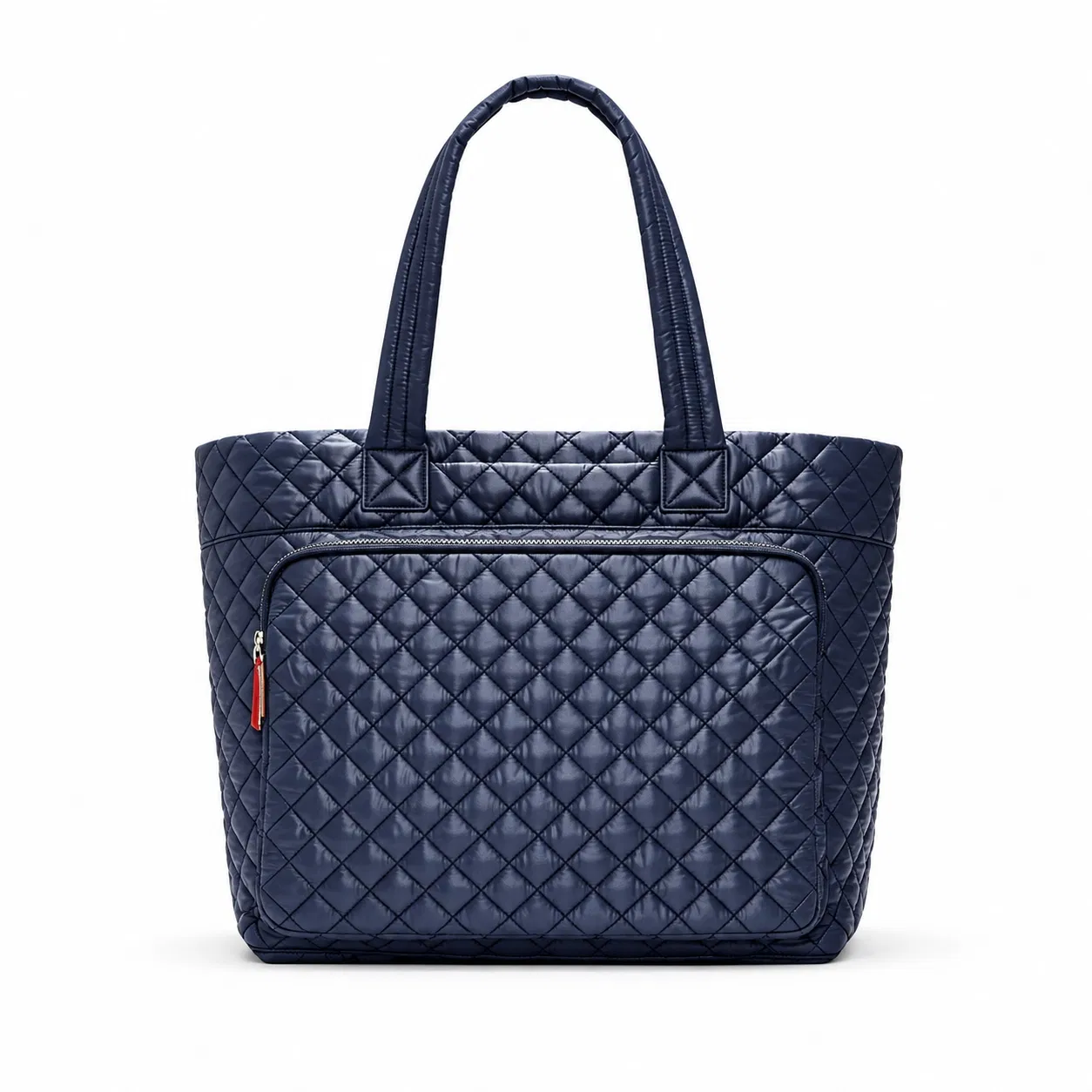 Navy Diamond Quilted Nylon Tote with Four Front Zipper Pockets