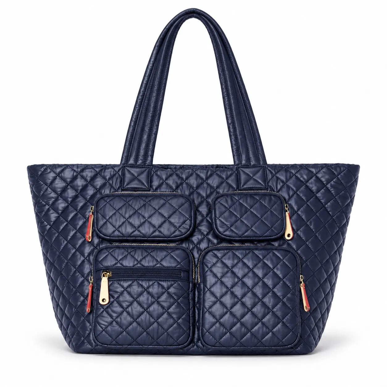 Navy Diamond Quilted Nylon Tote with Four Front Zipper Pockets