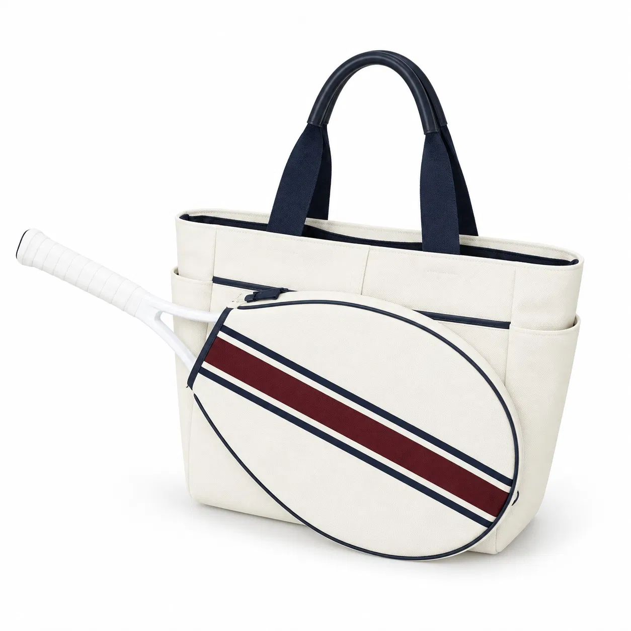 Cream Tennis Racket Tote Bag with Green Striped Paddle Cover