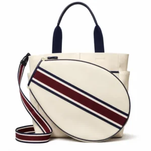 Cream Tennis Racket Tote Bag with Green Striped Paddle Cover