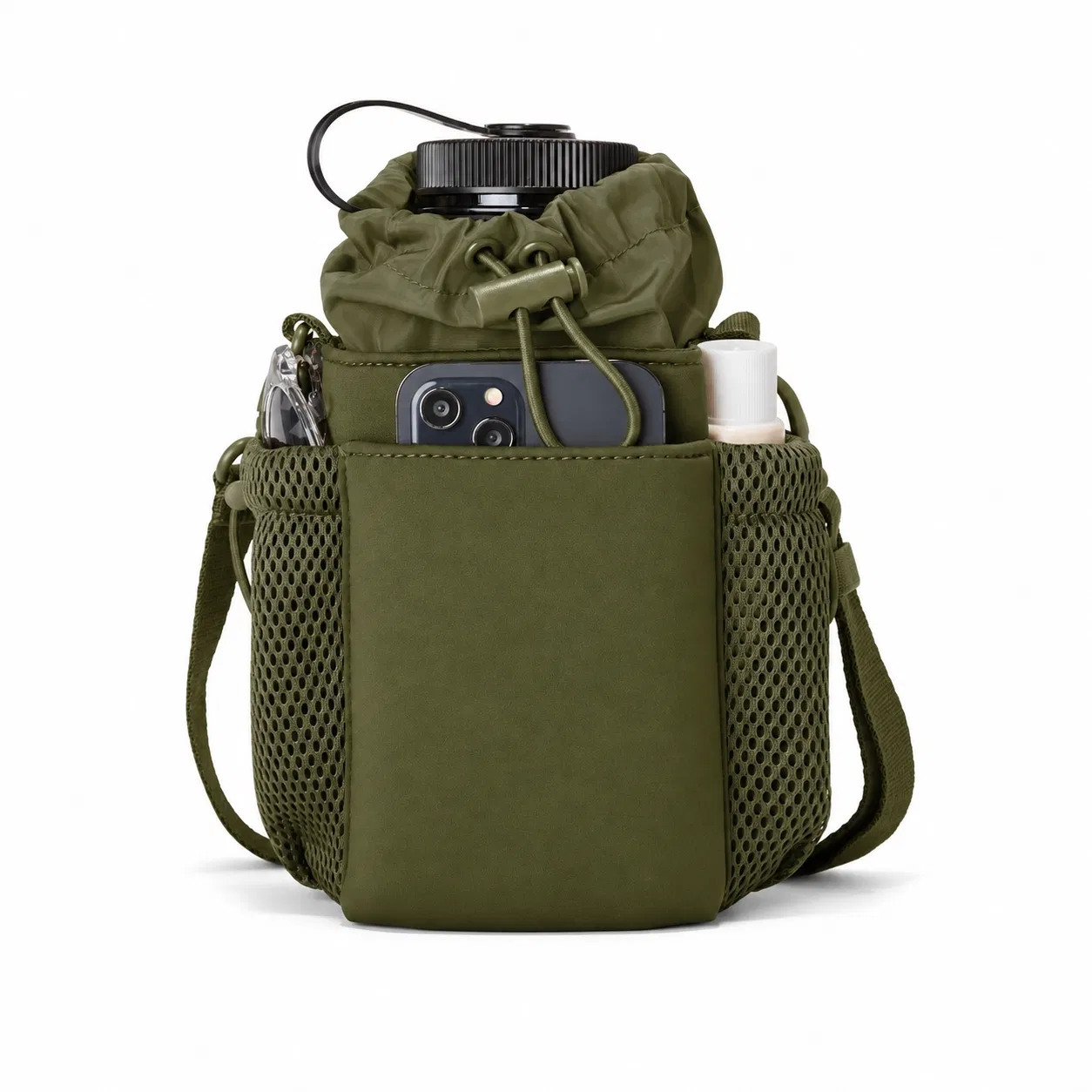 Custom Neoprene Water Bottle Sling Bag with Mesh Pockets and Adjustable Strap