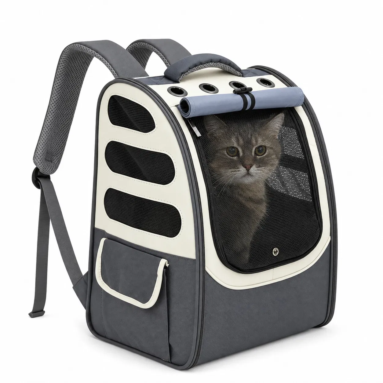 Custom Oxford Pet Carrier Backpack with Mesh Windows and Roll-up Cover