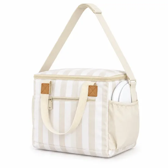 Custom Striped Soft Cooler Bag with Front Zip Pocket and Shoulder Strap