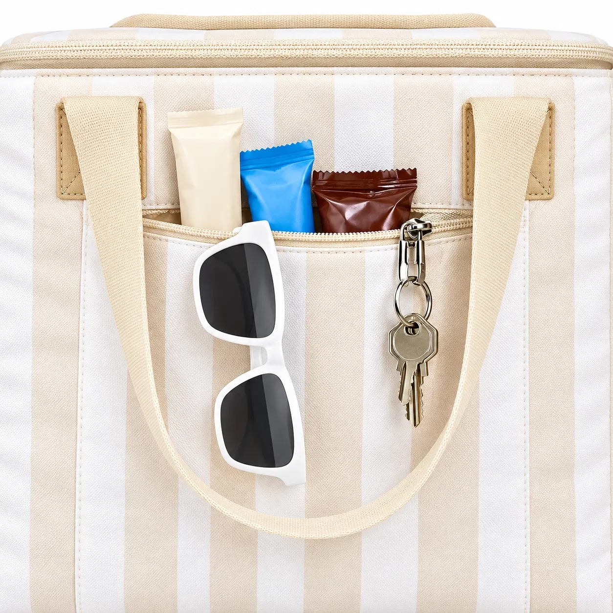 Custom Striped Soft Cooler Bag with Front Zip Pocket and Shoulder Strap