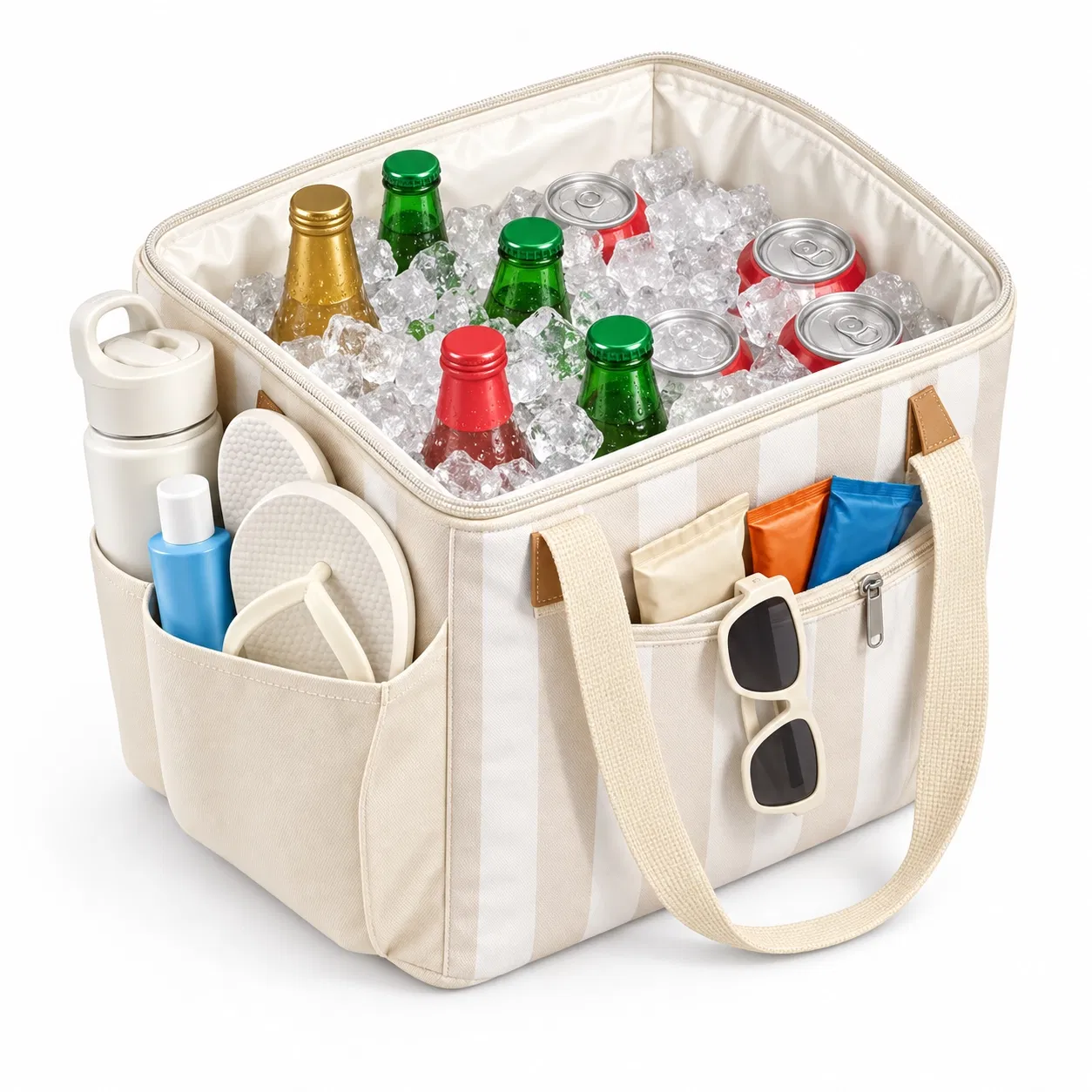 Custom Striped Soft Cooler Bag with Front Zip Pocket and Shoulder Strap