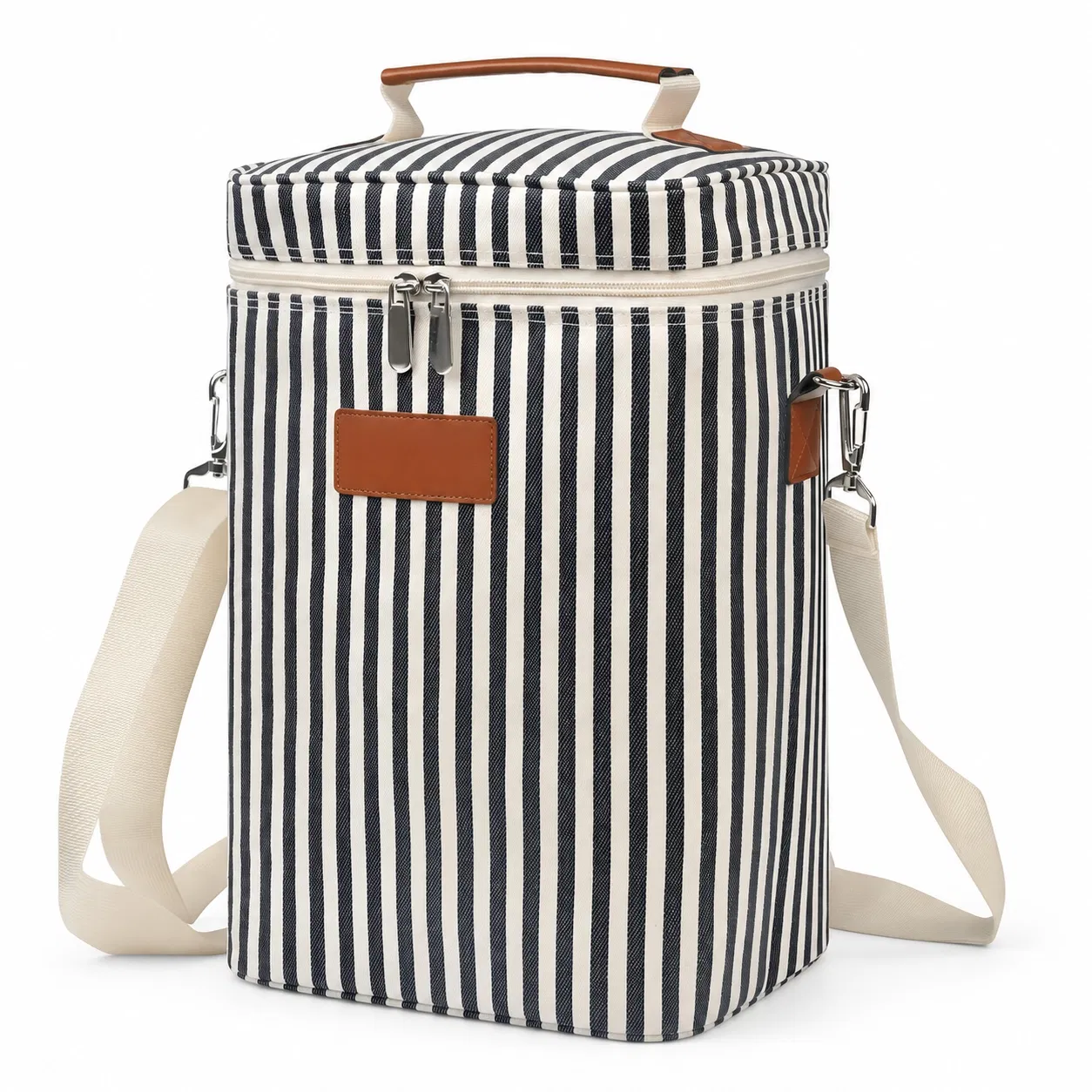 Custom Striped Wine Cooler Bag with Top Handle and Shoulder Strap