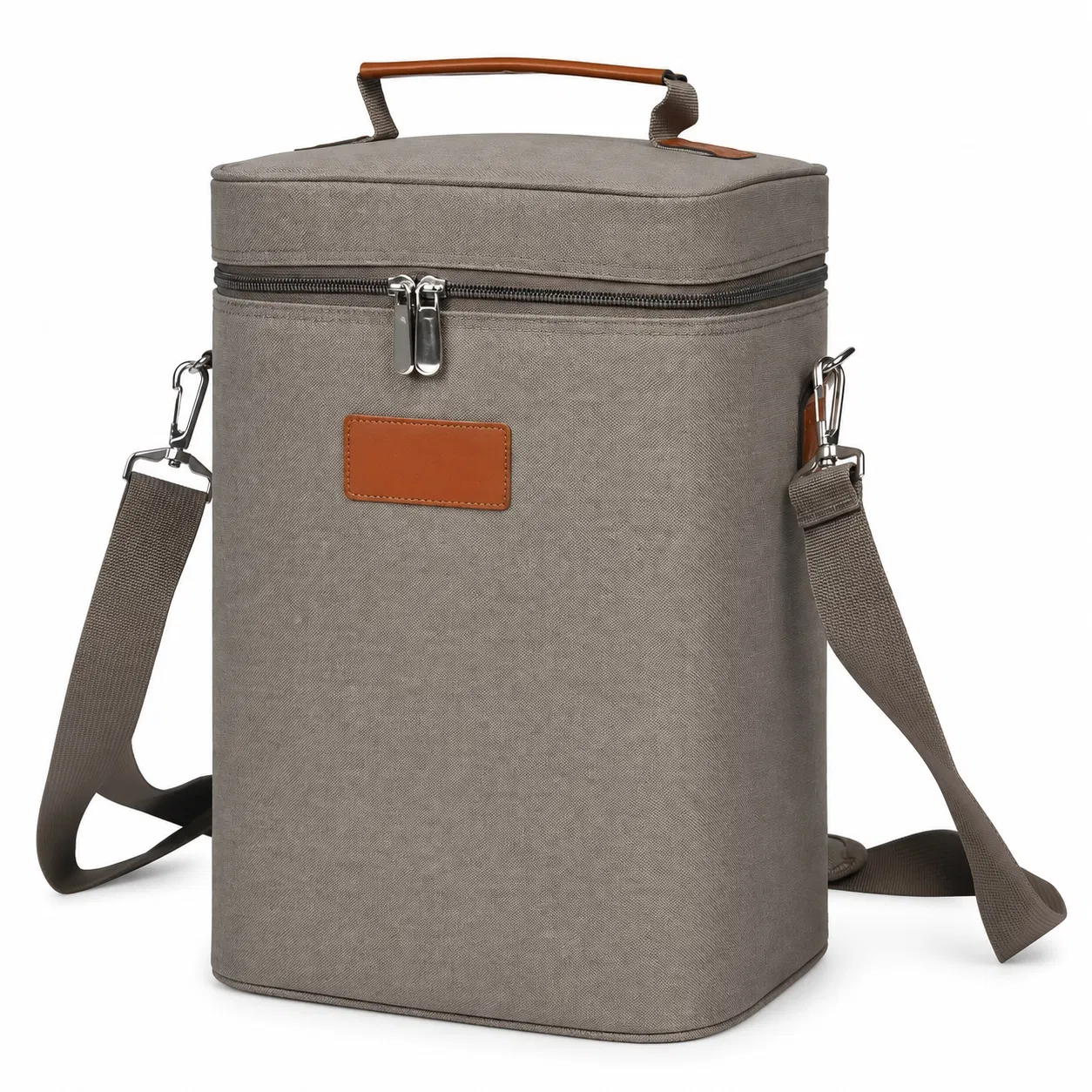 Custom Tall Wine Carrier Bag with Twin Zippers and Shoulder Strap