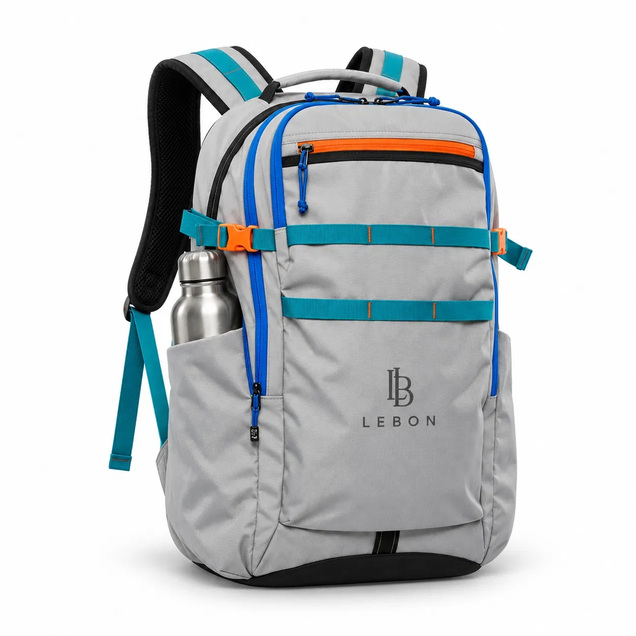 Grey Nylon Hiking Daypack with Adjustable Chest Strap and Multiple Pockets
