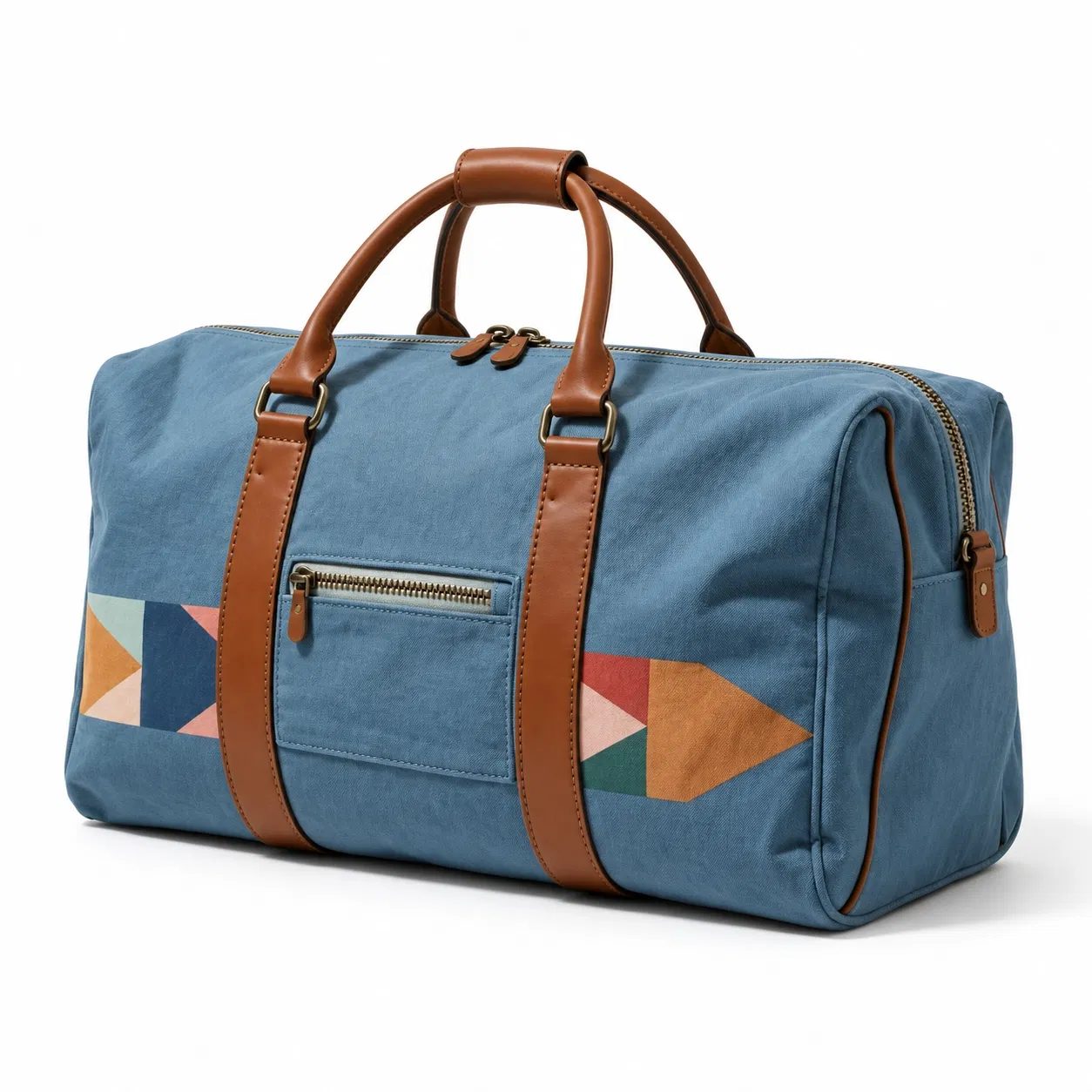 Monogrammed Canvas Travel Duffel Bag with Geometric Panels and Foldable Weekender Design