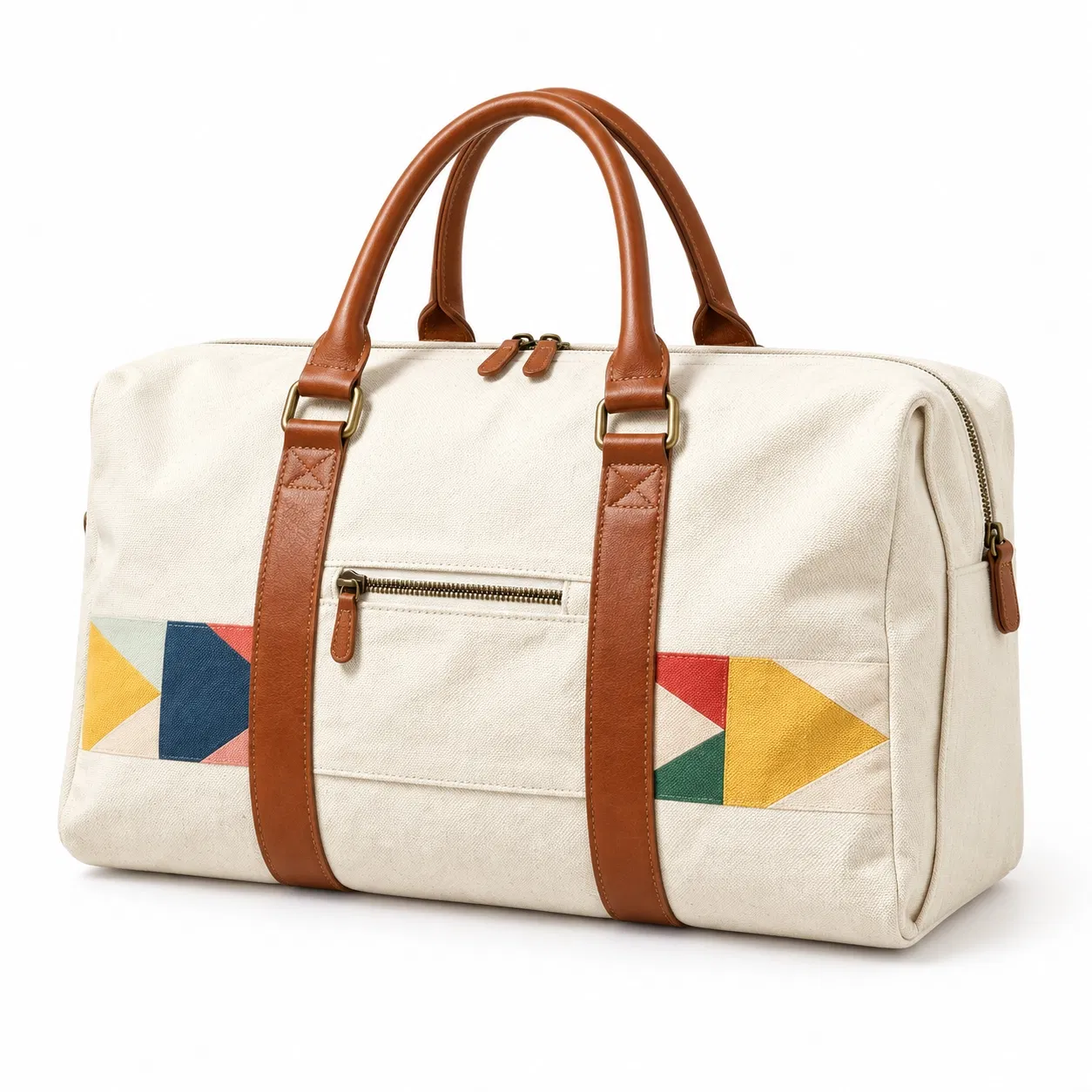 Monogrammed Canvas Travel Duffel Bag with Geometric Panels and Foldable Weekender Design