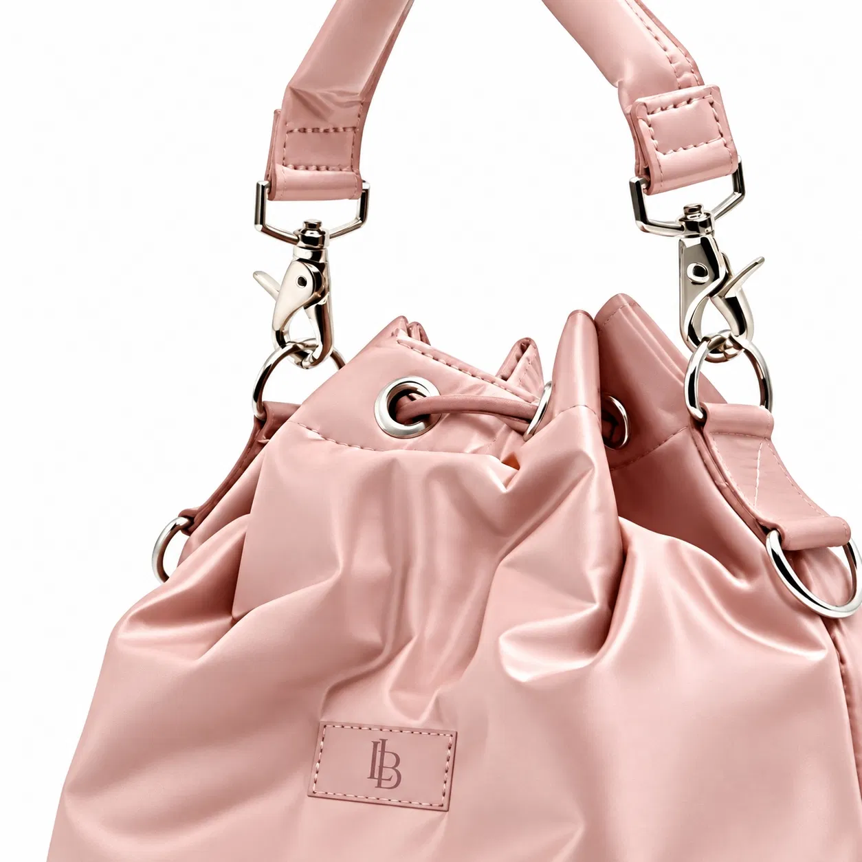 Soft Nylon Bucket Shoulder Tote with Drawstring Top and Detachable Strap