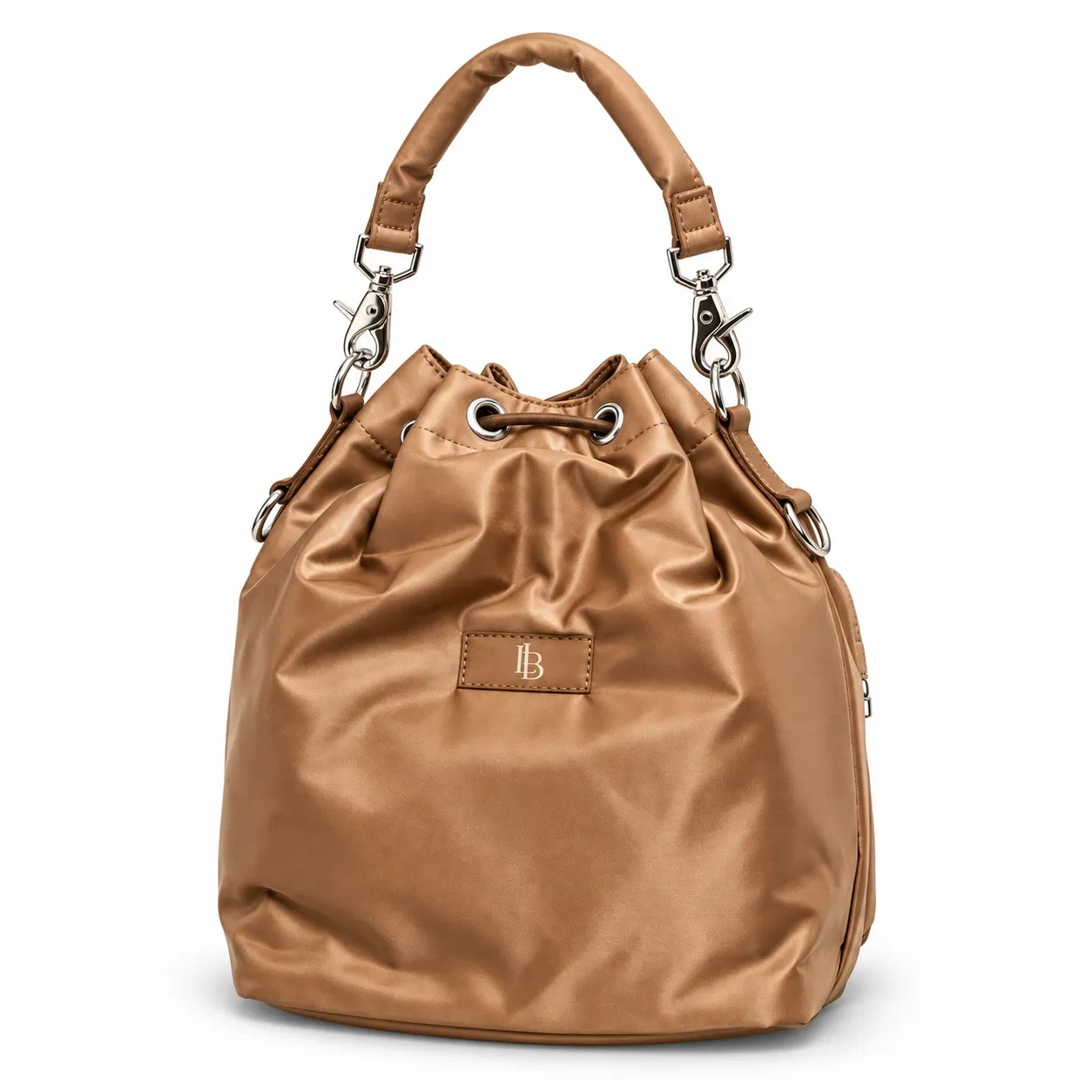 Gray Nylon Drawstring Bucket Shoulder Bag with Interior Pocket and Clip Strap