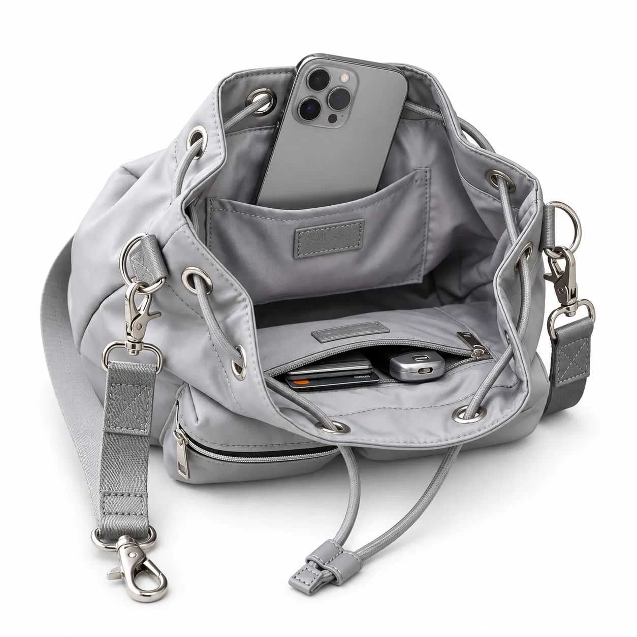 Gray Nylon Drawstring Bucket Shoulder Bag with Interior Pocket and Clip Strap