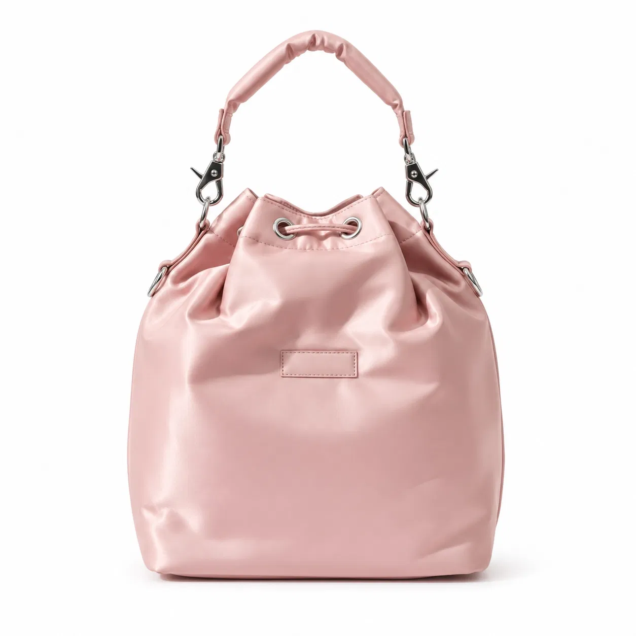 Gray Nylon Drawstring Bucket Shoulder Bag with Interior Pocket and Clip Strap