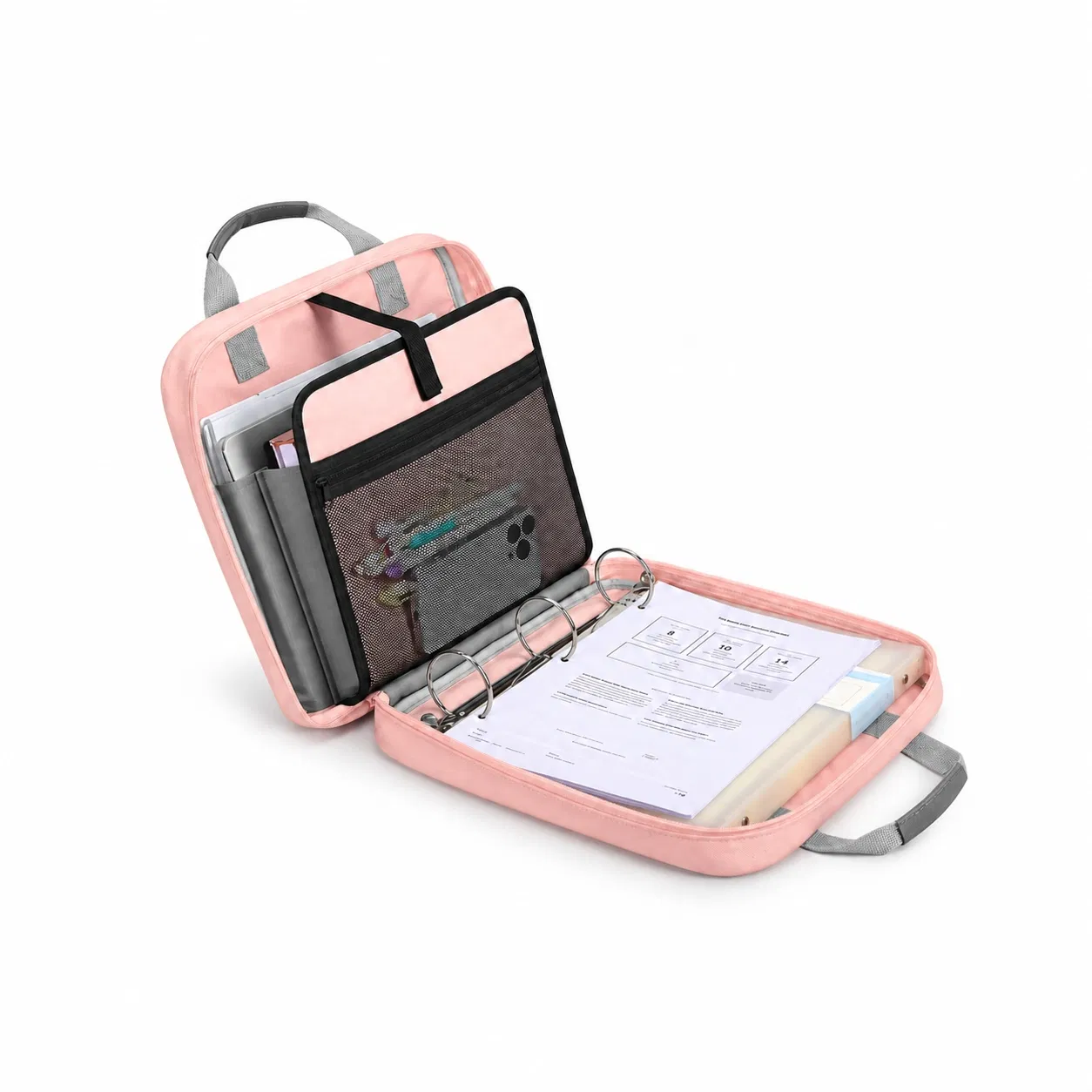 Pink Three-Ring Zipper Binder File Bag with Detachable Shoulder Strap