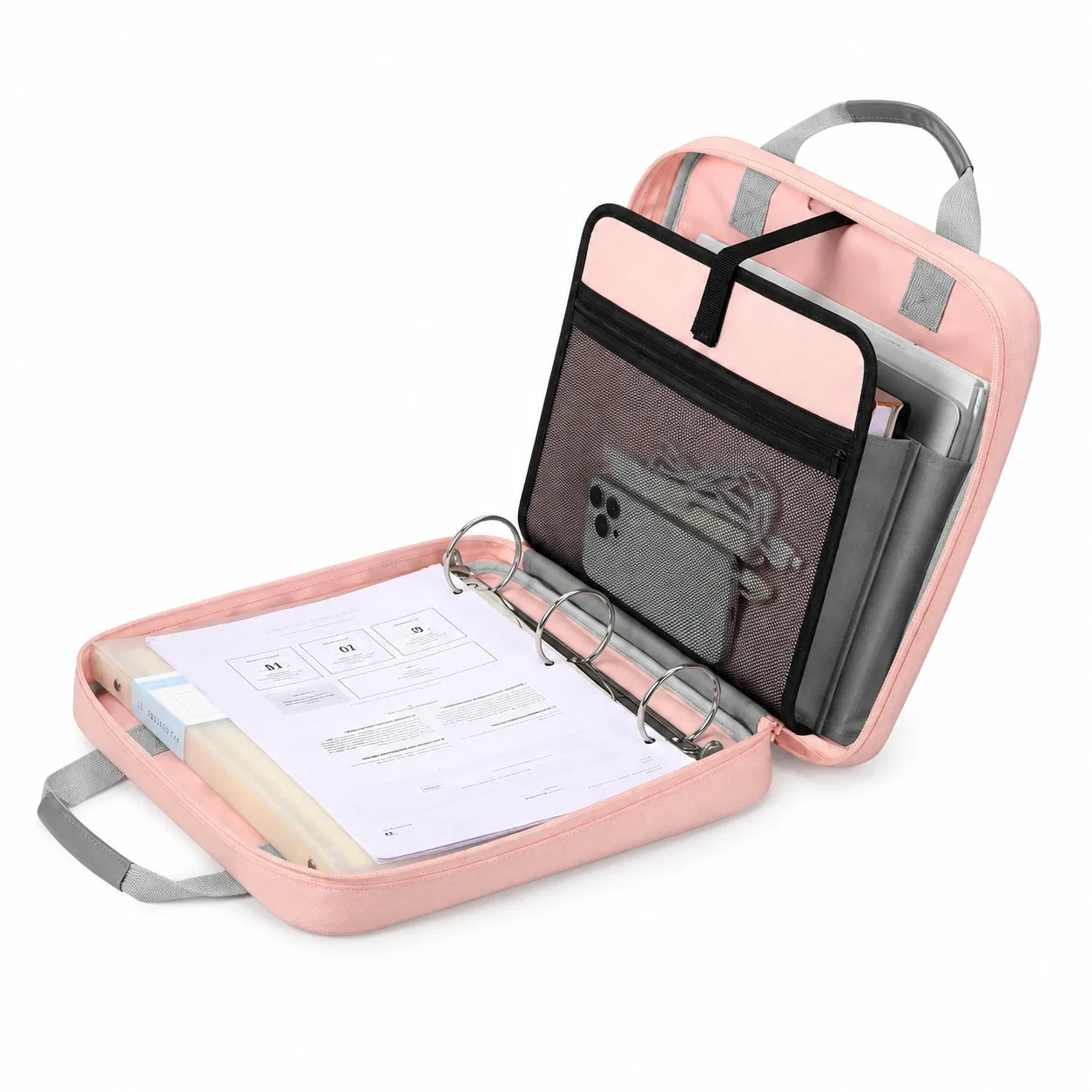 Pink Three-Ring Zipper Binder File Bag with Detachable Shoulder Strap