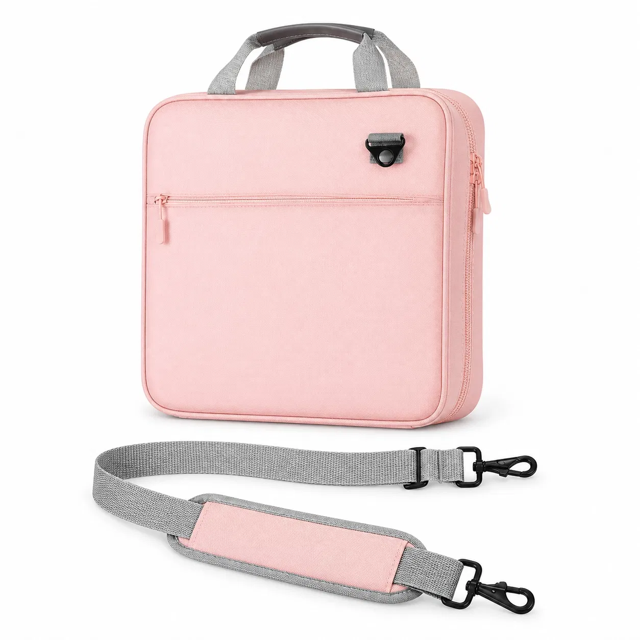 Pink Three-Ring Zipper Binder File Bag with Detachable Shoulder Strap