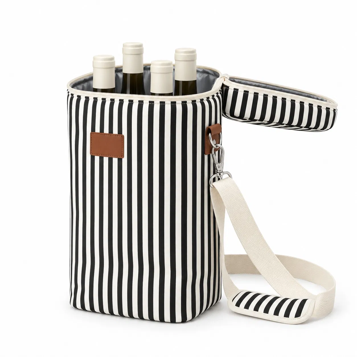 Striped Insulated Wine Bottle Carrier with Zipper and Shoulder Strap