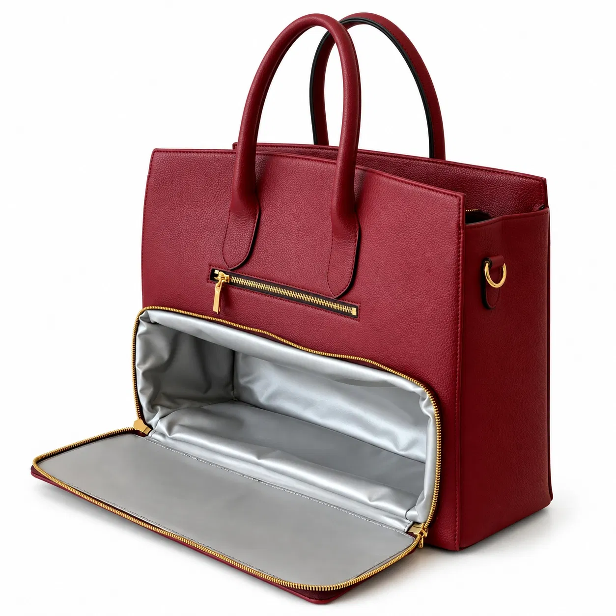 Leather Meal Prep Tote with Gold Tone Hardware and Separate Insulated Compartment