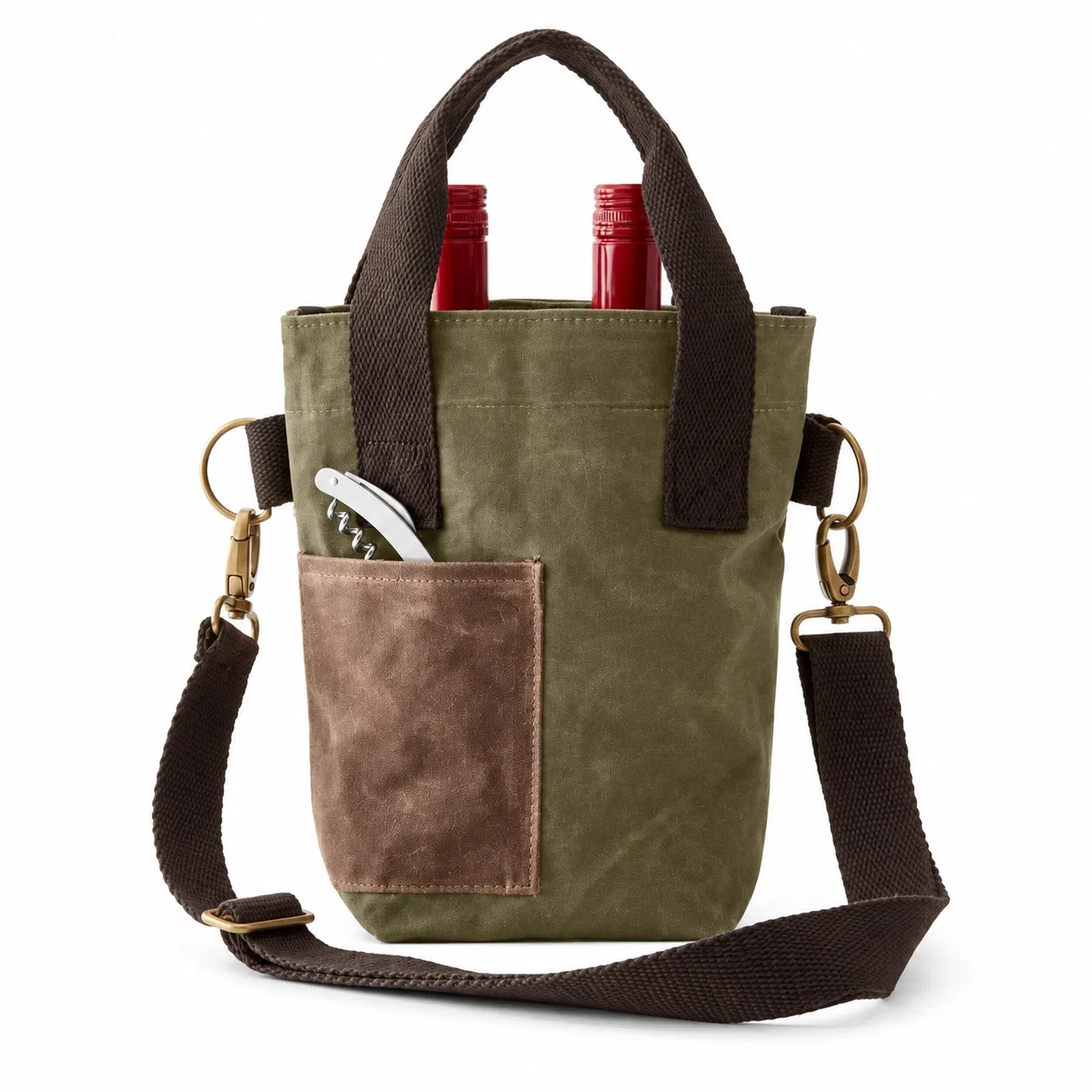 Custom Two Bottle Wine Bag with Front Pocket and Detachable Strap