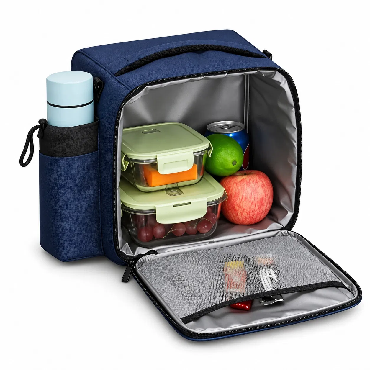 Custom Portable Lunch Bag with Front Zipper Opening and Shoulder Strap