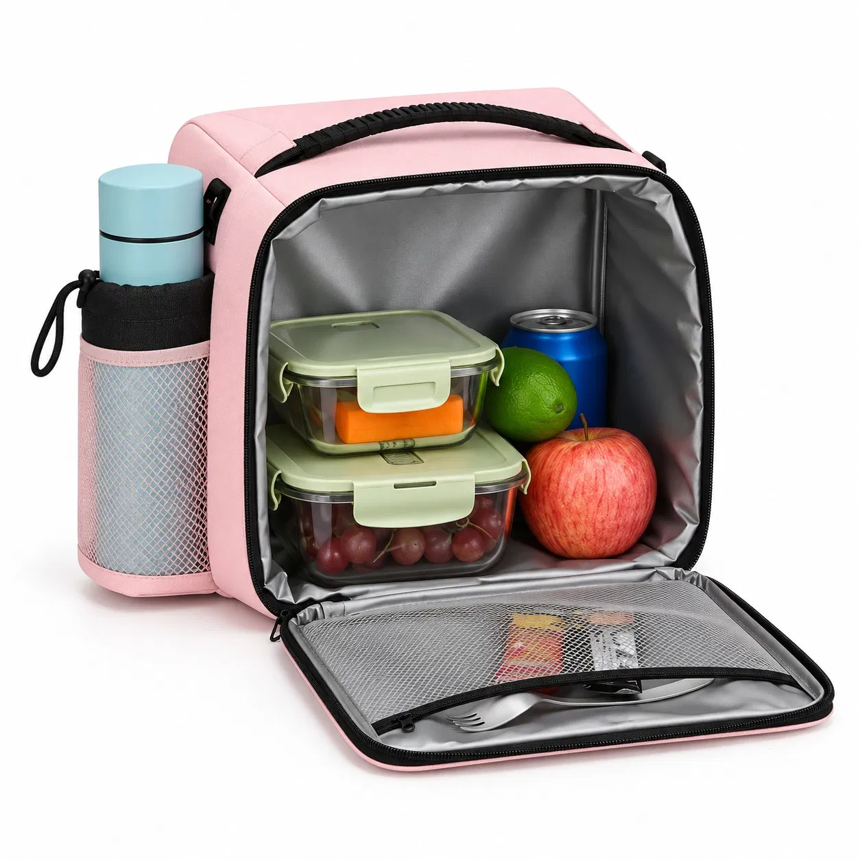 Custom Portable Lunch Bag with Front Zipper Opening and Shoulder Strap