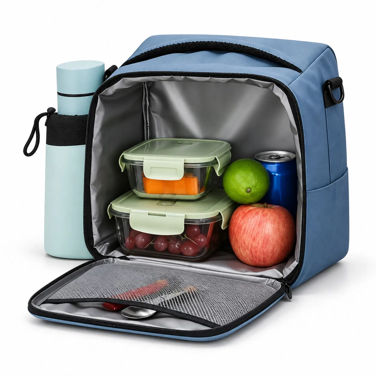 Foldable Polyester Thermal Lunch Bag with Zippered Food Storage Compartment
