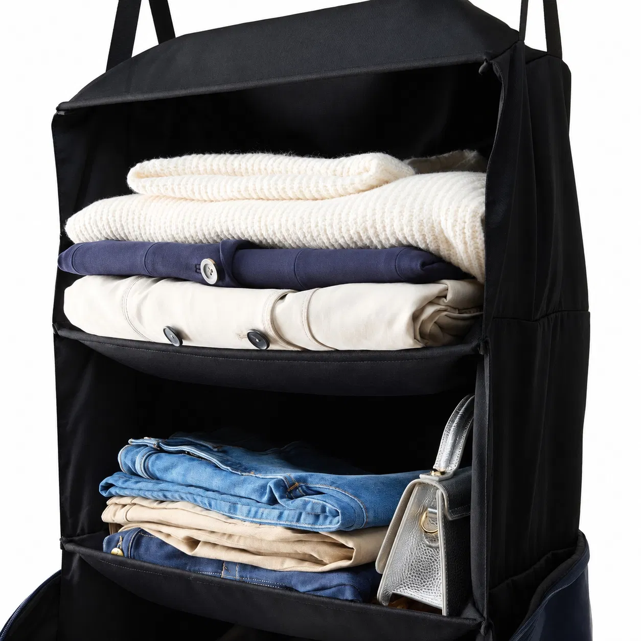 Hanging Closet Travel Bag with Folding Shelves and Shoulder Strap