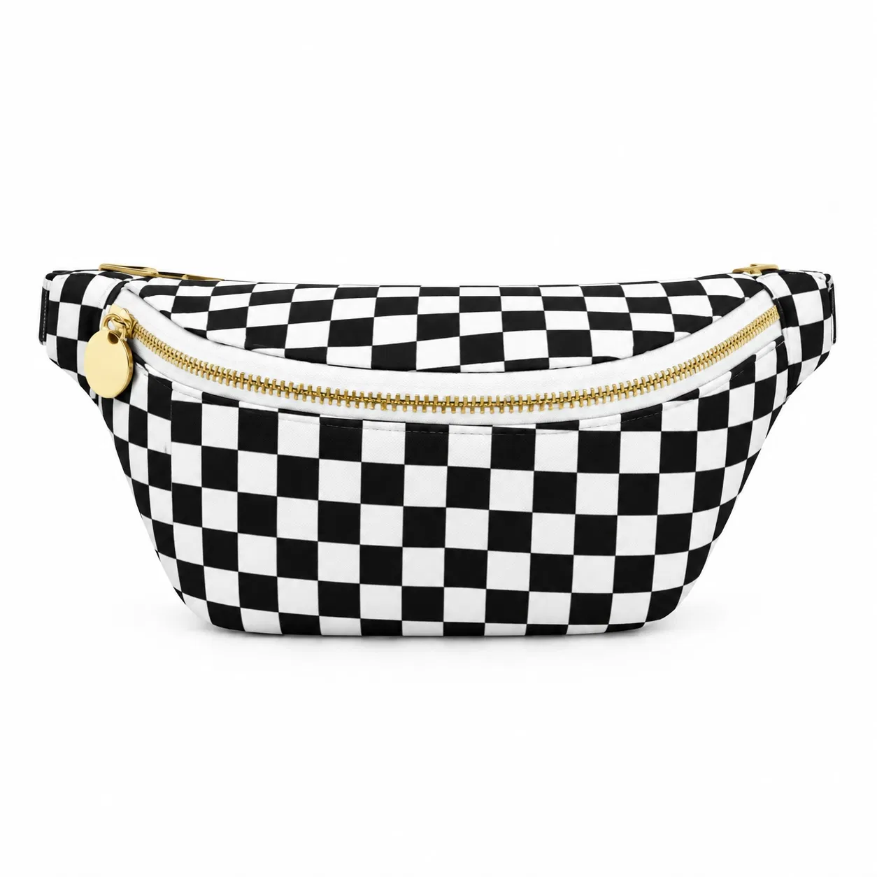 Black and White Checkerboard Nylon Waist Bag with Zipper and Adjustable Belt