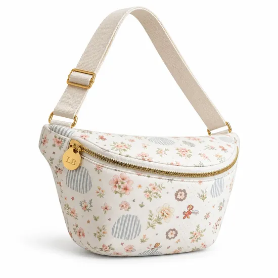Black and White Checkerboard Nylon Waist Bag with Zipper and Adjustable Belt