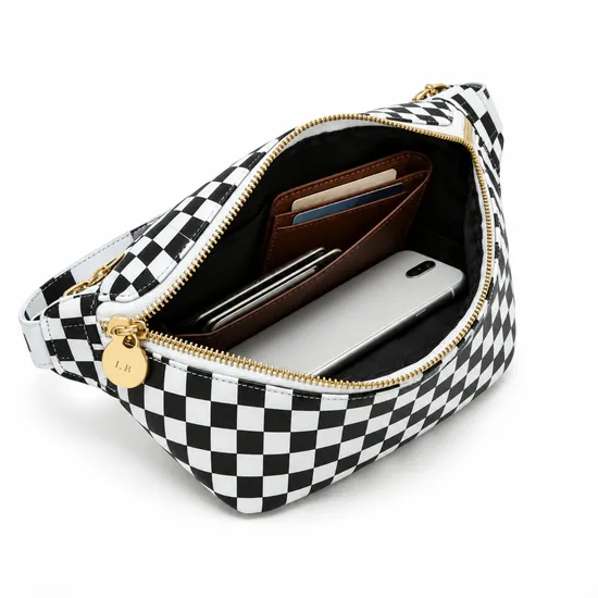 Black and White Checkerboard Nylon Waist Bag with Zipper and Adjustable Belt