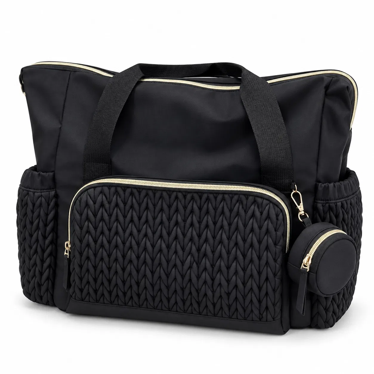 Custom Polyester Diaper Tote Bag with Textured Pockets and Round Pacifier Pouch