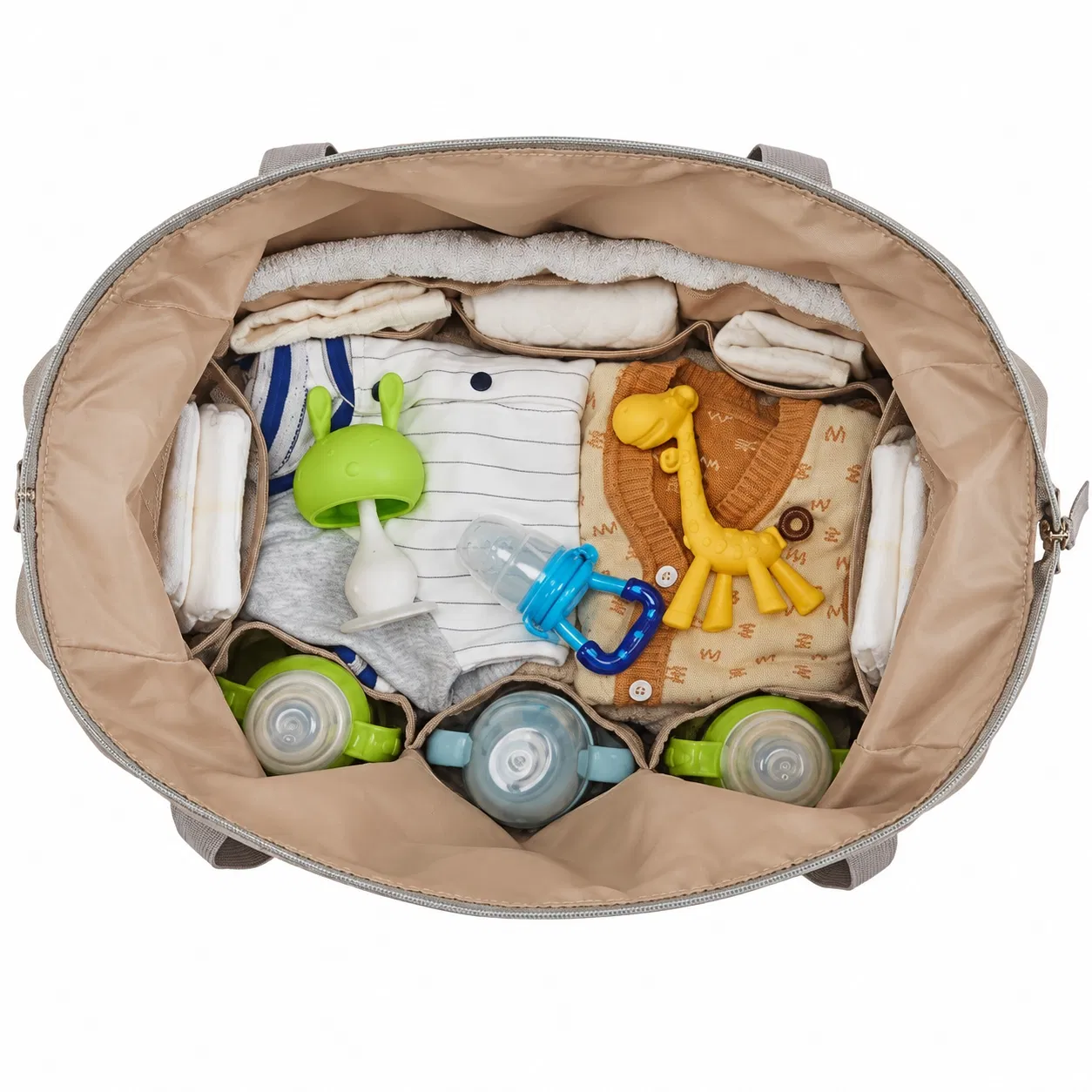 Custom Polyester Diaper Tote Bag with Textured Pockets and Round Pacifier Pouch