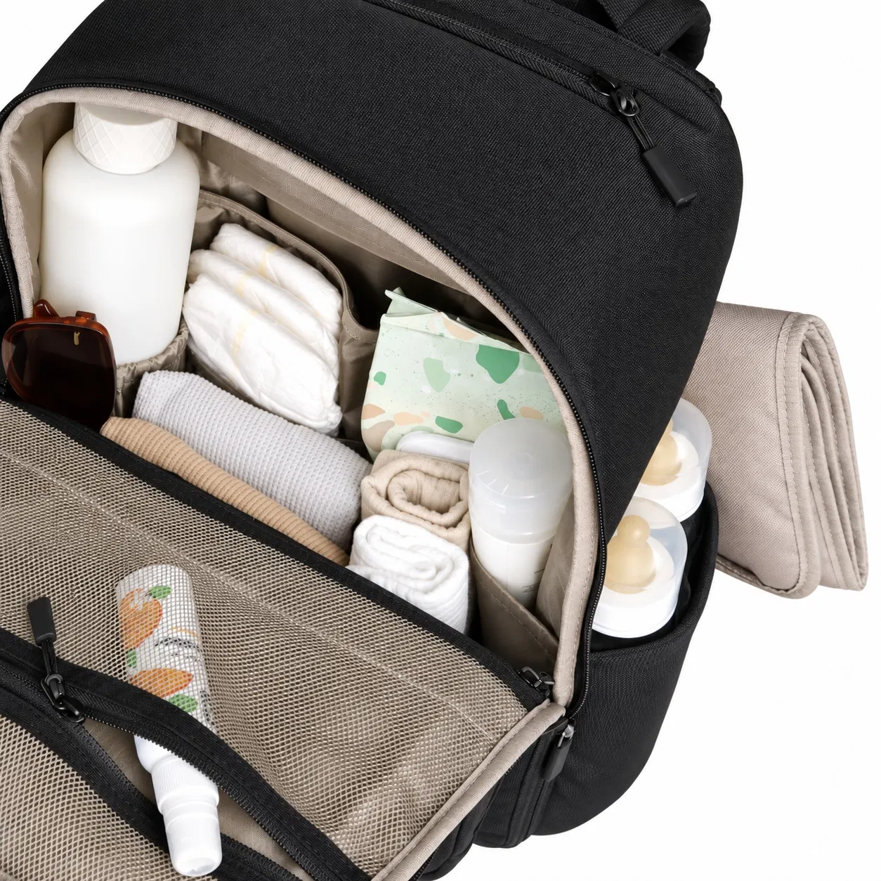Black Nylon Diaper Backpack with Stroller Straps and Side Pockets