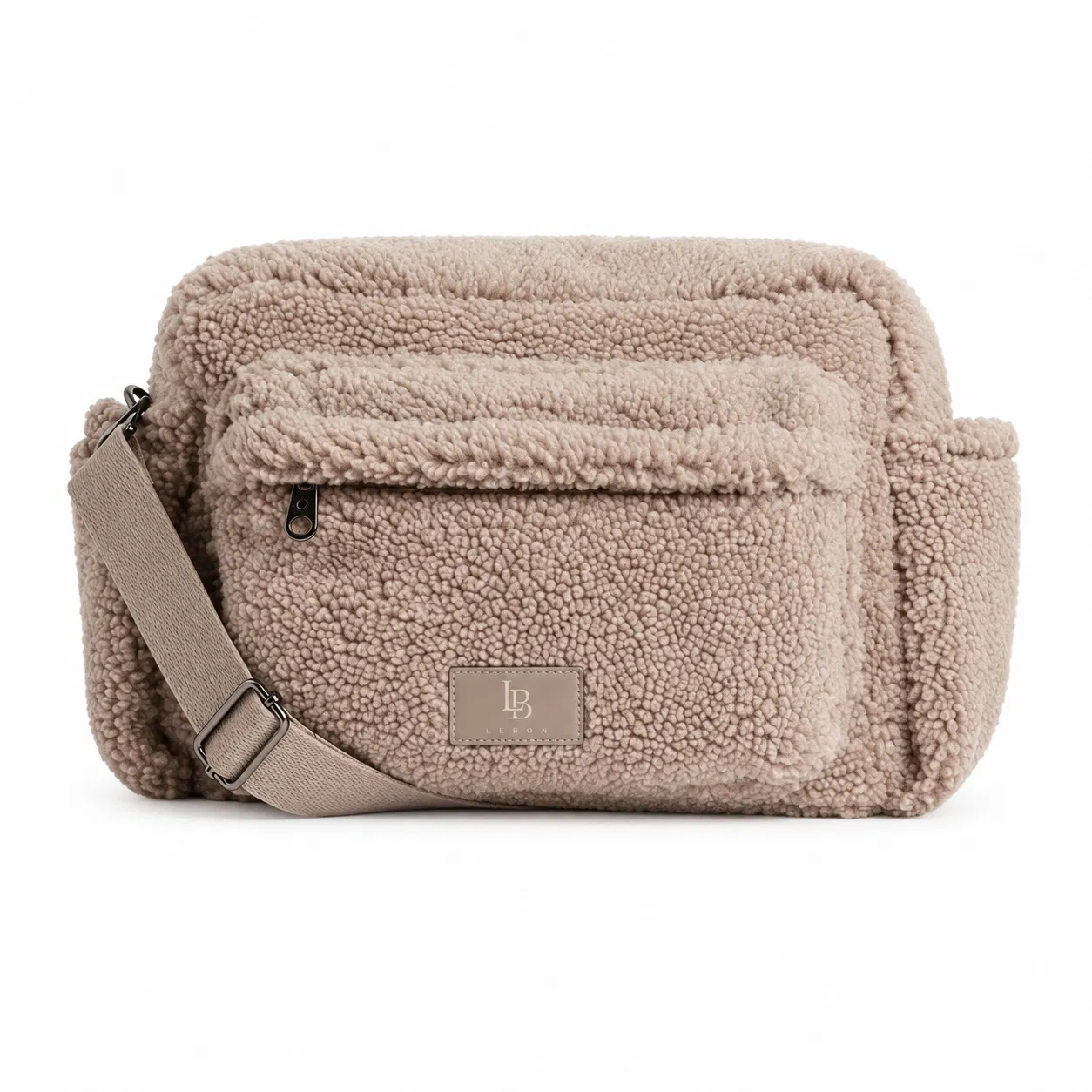 Custom Teddy Fleece Diaper Shoulder Bag with Front Pocket and Stroller Clips