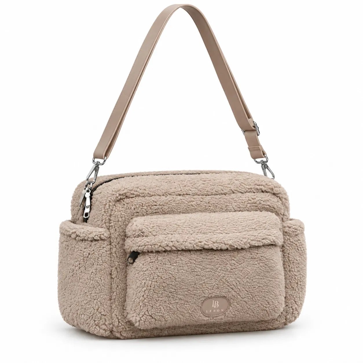 Custom Teddy Fleece Diaper Shoulder Bag with Front Pocket and Stroller Clips